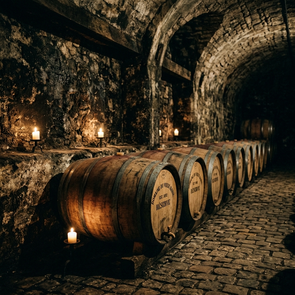 Winery cellar oak barrels