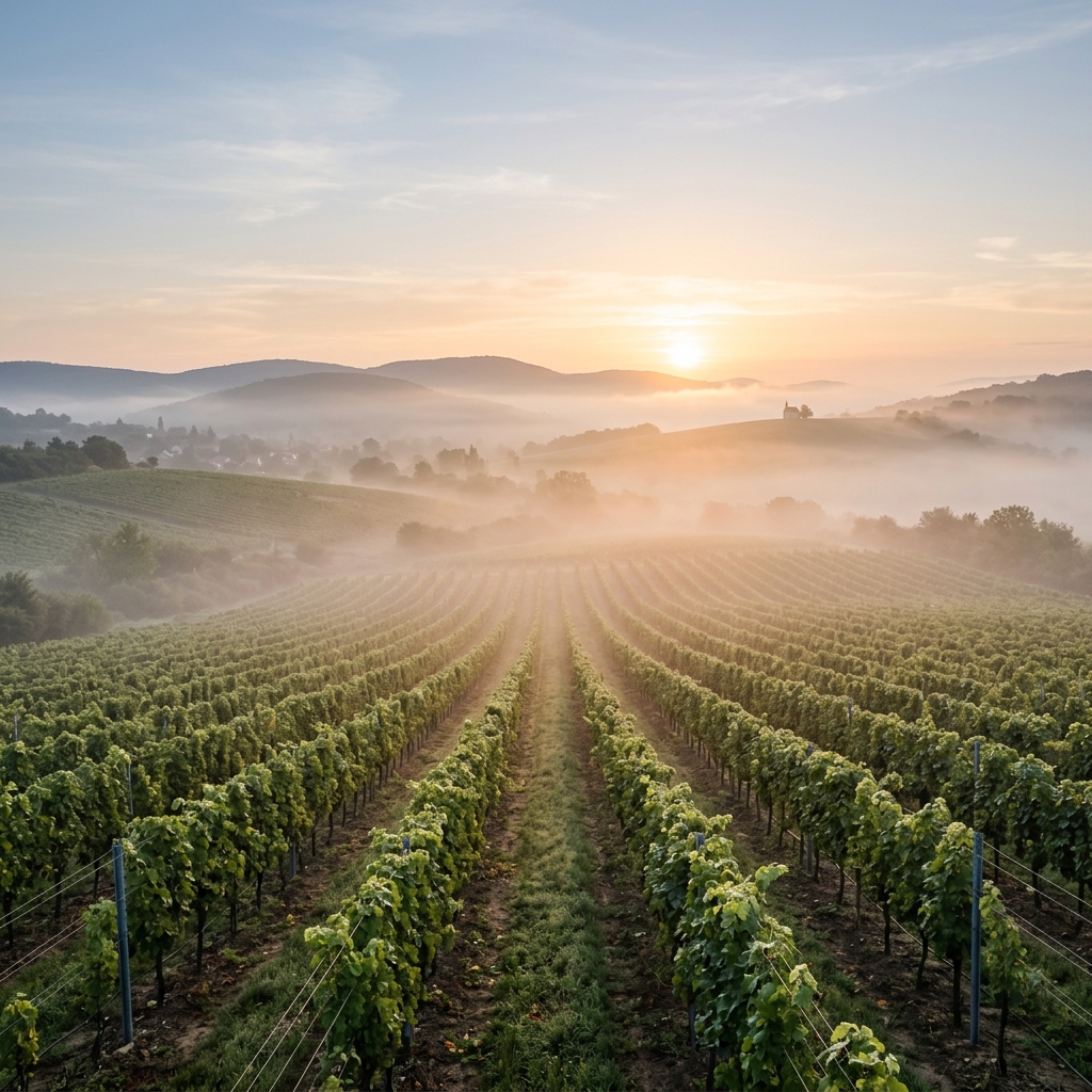 Misty Felsőtárkány vineyard at sunrise